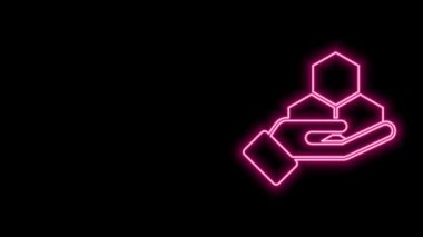 Parlayan neon hattı bal peteği ve el ikonu siyah arkaplanda izole edildi. Bal hücrelerinin sembolü. Tatlı doğal yemek. 4K Video hareketli grafik canlandırması