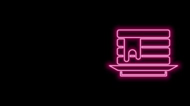Siyah zemin üzerinde bal ikonu olan parlak neon çizgili krep yığını. Kahvaltı konsepti. 4K Video hareketli grafik canlandırması