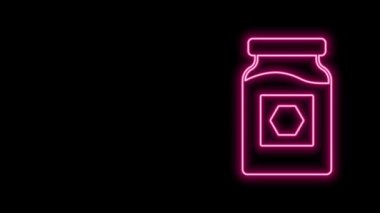Parlayan neon hattı bal ikonu kavanozu siyah arkaplanda izole edildi. Yiyecek bankası. Tatlı doğal gıda sembolü. 4K Video hareketli grafik canlandırması