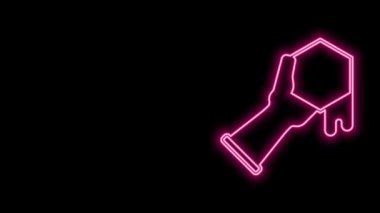 Parlayan neon hattı bal peteği ve el ikonu siyah arkaplanda izole edildi. Bal hücrelerinin sembolü. Tatlı doğal yemek. 4K Video hareketli grafik canlandırması
