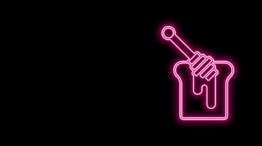 Siyah zemin üzerinde bal damlayan bal ikonu olan parlak neon çizgisi. Tatlı kepçe. 4K Video hareketli grafik canlandırması