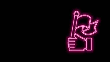 Parlayan neon çizgisi. El, siyah arka planda izole edilmiş bayrak simgesini tutuyor. Zafer, kazanmak ve zorluk konseptini fethetmek. 4K Video hareketli grafik canlandırması