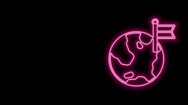 Siyah zemin üzerinde bayrak simgesi olan parlak neon çizgisi Gezegen. Zafer, kazanmak ve zorluk konseptini fethetmek. 4K Video hareketli grafik canlandırması