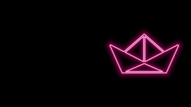 Parlayan neon hattı katlanmış kağıt tekne simgesi siyah arkaplanda izole edildi. Origami kağıt gemisi. 4K Video hareketli grafik canlandırması
