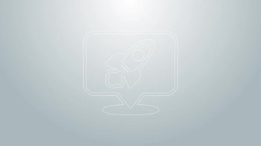 Mavi çizgi roket gemisi simgesi gri arkaplanda izole edildi. Uzay yolculuğu. 4K Video hareketli grafik canlandırması