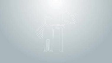 Mavi çizgi adamı gri arkaplanda bayrak simgesi tutuyor. Zafer, kazanmak ve zorluk konseptini fethetmek. 4K Video hareketli grafik canlandırması