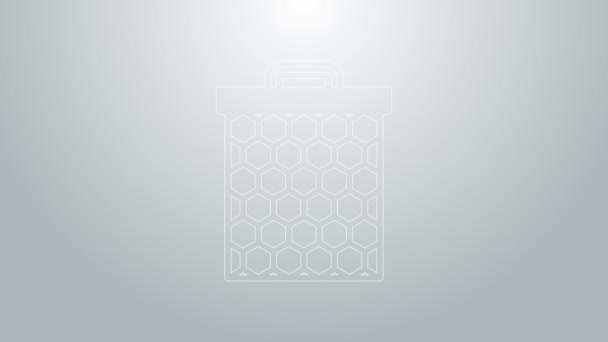 Иконка Honeycomb синей линии выделена на сером фоне. Символ медовых клеток. Сладкая натуральная еда. Видеографическая анимация 4K — стоковое видео