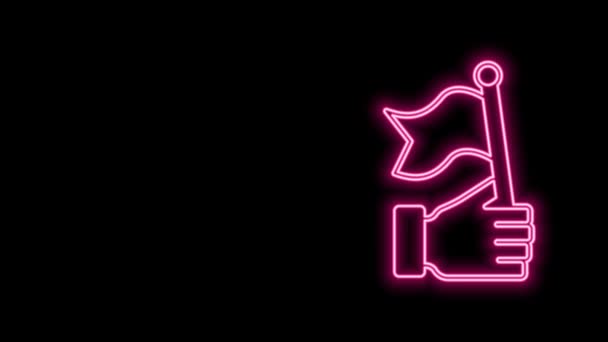 Glowing neon line Hand holding flag icon isolated on black background. Victory, winning and conquer adversity concept. 4K Video motion graphic animation — Stock Video