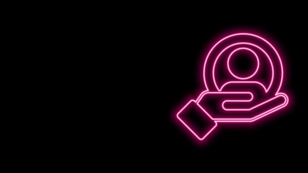 Linea neon incandescente Mano per la ricerca di un'icona di persone isolate su sfondo nero. Concetto di assunzione o selezione. Ricerca di dipendenti e lavoro. Animazione grafica 4K Video motion — Video Stock
