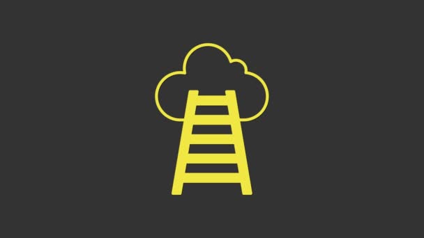 グレーの背景にフィニッシュフラグアイコンを持つ黄色の階段。キャリア成長ビジネスの概念。事業開発の概念。4Kビデオモーショングラフィックアニメーション — ストック動画
