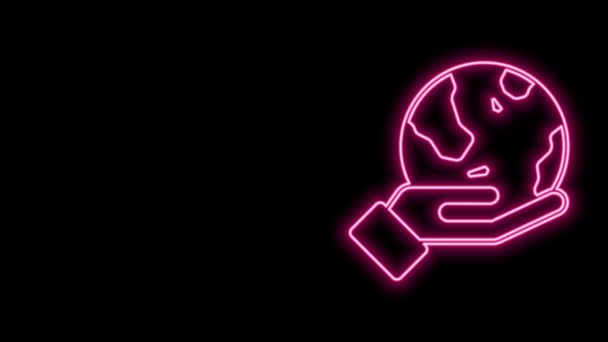 Gloeiende neon lijn Menselijke hand houdt aarde bol pictogram geïsoleerd op zwarte achtergrond. Red het aardse concept. 4K Video motion grafische animatie — Stockvideo