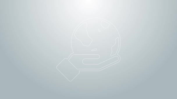 Blå linje Människans hand håller jorden globen ikon isolerad på grå bakgrund. Rädda jorden. 4K Video motion grafisk animation — Stockvideo
