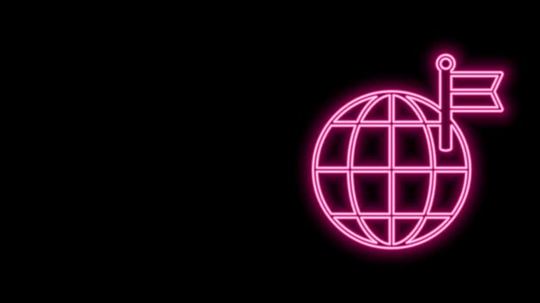 Glowing neon line Planet with flag icon isolated on black background. Victory, winning and conquer adversity concept. 4K Video motion graphic animation — Stock Video