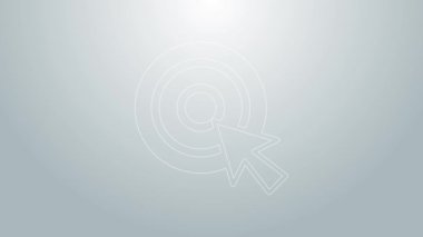 Gri arkaplanda ok simgesi olan mavi çizgi hedefi. Dart tahtası işareti. Okçuluk tahtası simgesi. Dartboard işareti. İş hedefi kavramı. 4K Video hareketli grafik canlandırması