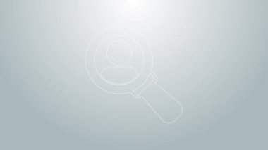 Gri arka planda izole edilmiş bir insan simgesi için mavi çizgi büyüteç. İşe alım ya da seçim konsepti. Çalışanları ve işi ara. 4K Video hareketli grafik canlandırması