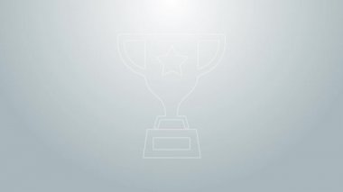 Mavi çizgi ödüllü kupa resmi gri arkaplanda izole edilmiş. Galibiyet ödülü sembolü. Şampiyonluk ya da yarışma kupası. Spor başarısı işareti. 4K Video hareketli grafik canlandırması