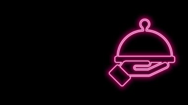 Siyah arka planda izole edilmiş bir tepsi yiyecek ikonu ile kaplı parlayan neon hattı. Tepsi ve kapak işareti. Kapaklı bir restoran saati. 4K Video hareketli grafik canlandırması