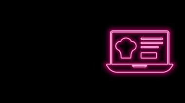 Parlayan neon hattı çevrimiçi sipariş veren ve fast food dağıtım ikonu siyah arkaplanda izole edilmiş. 4K Video hareketli grafik canlandırması