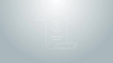 Mavi çizgi kâğıt ya da mali kontrol simgesi gri arka planda izole edildi. Kağıt baskı çeki, makbuz ya da fatura. 4K Video hareketli grafik canlandırması