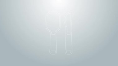 Mavi çizgili bıçak ve kaşık ikonu gri arka planda izole edilmiş. Mutfak aletleri. Çatal bıçak seti. 4K Video hareketli grafik canlandırması