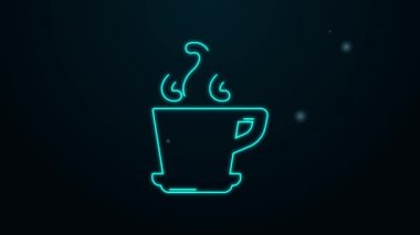Parlayan neon hattı kahve fincanı simgesi siyah arka planda izole edilmiş. Çay fincanı. Sıcak içecek kahvesi. 4K Video hareketli grafik canlandırması