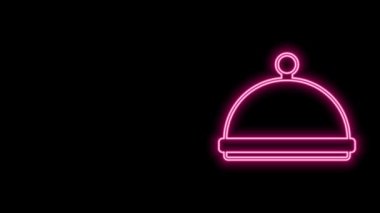 Siyah arka planda izole edilmiş bir tepsi yiyecek ikonu ile kaplı parlayan neon hattı. Tepsi ve kapak işareti. Kapaklı bir restoran saati. Mutfak eşyaları sembolü. 4K Video hareketli grafik canlandırması