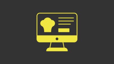 Sarı Çevrimiçi sipariş ve fast food dağıtım ikonu gri arka planda izole edildi. 4K Video hareketli grafik canlandırması