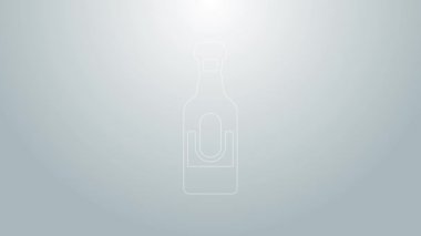 Mavi çizgi şarap şişesi simgesi gri arkaplanda izole edilmiş. 4K Video hareketli grafik canlandırması