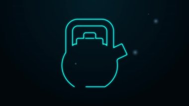 Siyah arka planda izole edilmiş kabza simgesi olan parlak neon çizgisi Kettle. Çaydanlık ikonu. 4K Video hareketli grafik canlandırması