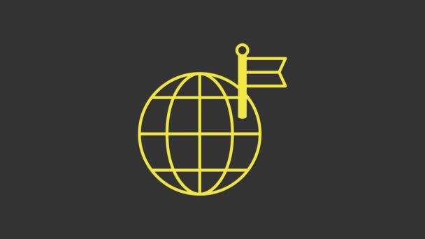 Gri arkaplanda bayrak simgesi olan Sarı Gezegen. Zafer, kazanmak ve zorluk konseptini fethetmek. 4K Video hareketli grafik canlandırması — Stok video