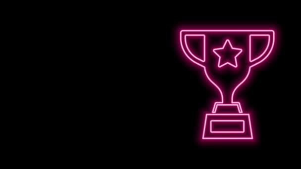 Glowing neon line Award cup icon isolated on black background. Winner trophy symbol. Championship or competition trophy. Sports achievement sign. 4K Video motion graphic animation — Stock Video