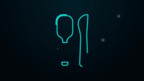 Glowing neon line Knife and spoon icon isolated on black background. Cooking utensil. Cutlery sign. 4K Video motion graphic animation — Stock Video