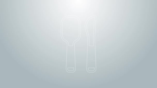 Línea azul Cuchillo e icono de cuchara aislados sobre fondo gris. Utensil de cocina. Signo de cubertería. Animación gráfica de vídeo 4K — Vídeos de Stock