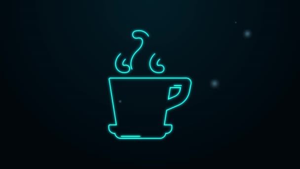 Ragyogó neon vonal Kávé csésze ikon elszigetelt fekete háttér. Teáscsésze. Forró kávé. 4K Videó mozgás grafikus animáció — Stock videók