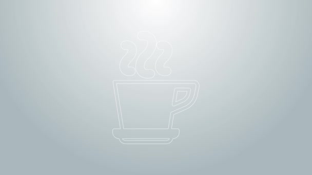 Línea azul Icono de taza de café aislado sobre fondo gris. Taza de té. Café caliente. Animación gráfica de vídeo 4K — Vídeo de stock