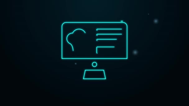 Светящаяся неоновая линия Онлайн заказ и значок доставки фаст-фуда изолированы на черном фоне. Видеографическая анимация 4K — стоковое видео
