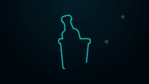 Glowing neon line Bottle of champagne in an ice bucket icon isolated on black background. 4K Video motion graphic animation — Stock Video