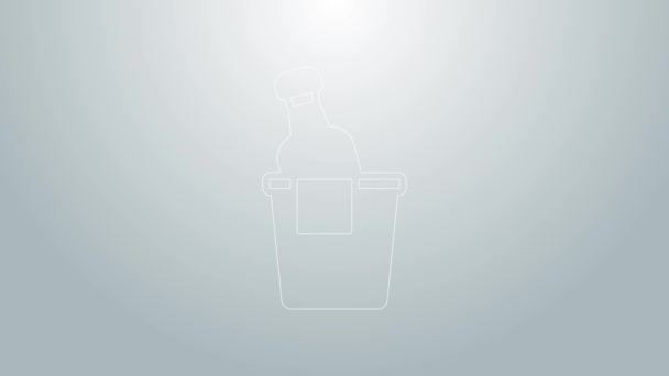 Blue line Bottle of champagne in an ice bucket icon isolated on grey background. 4K Video motion graphic animation — Stock Video