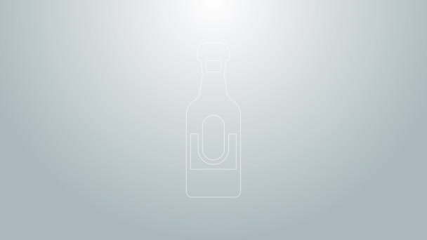 Línea azul Icono de botella de vino aislado sobre fondo gris. Animación gráfica de vídeo 4K — Vídeo de stock