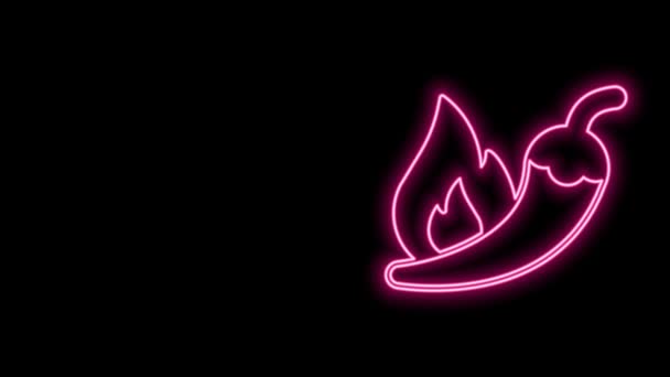Linea al neon incandescente Icona a forma di baccello di peperoncino isolato su sfondo nero. Progettazione per generi alimentari, prodotti culinari, condimento e spezie, libro di cucina. Animazione grafica 4K Video motion — Video Stock