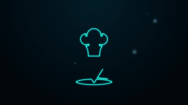 Žhnoucí neonová linie Klobouk šéfkuchaře s ikonou umístění izolované na černém pozadí. Symbol vaření. Kuchařská čepice. Grafická animace pohybu videa 4K — Stock video