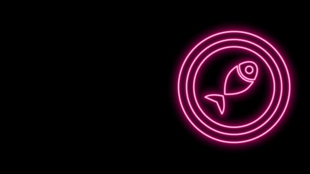 Linha de néon brilhante Peixe servido em um ícone de prato isolado no fundo preto. Animação gráfica em movimento de vídeo 4K — Vídeo de Stock