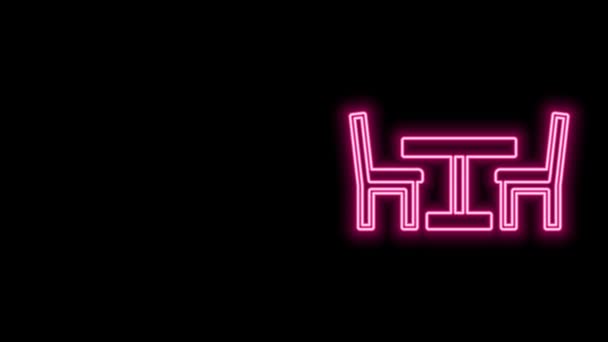 明亮的霓虹灯线条木制桌子,椅子图标隔离在黑色背景上.街边咖啡店4K视频运动图形动画 — 图库视频影像