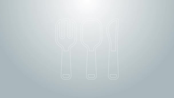 Línea azul Icono de tenedor, cuchara y cuchillo aislado sobre fondo gris. Utensil de cocina. Signo de cubertería. Animación gráfica de vídeo 4K — Vídeos de Stock