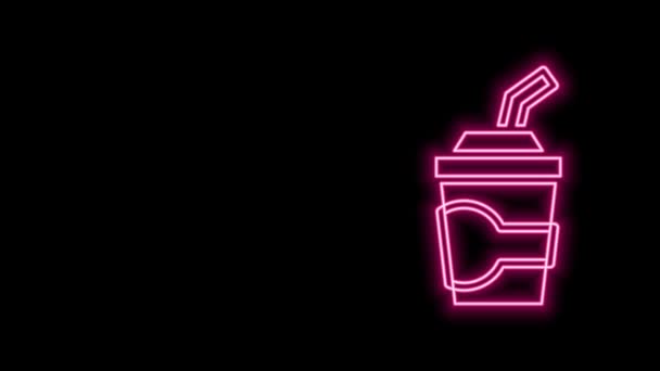 Glödande neon line Pappersglas med dricka halm och vatten ikon isolerad på svart bakgrund. Dricksglas. Färsk kall dryck symbol. 4K Video motion grafisk animation — Stockvideo