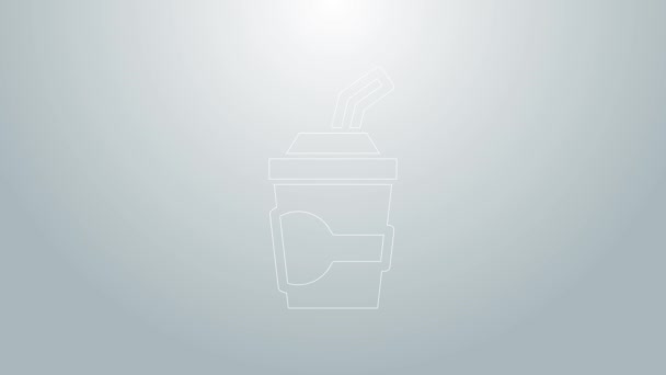 青線グレーの背景に水のアイコンとストローを飲むと紙のガラス。ソーダドリンクグラス。新鮮な冷たい飲み物のシンボル。4Kビデオモーショングラフィックアニメーション — ストック動画