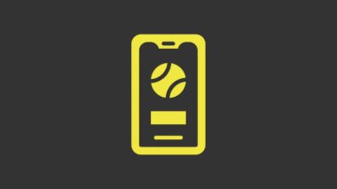 Gri arkaplanda izole edilmiş ekran simgesinde beyzbol topu olan sarı akıllı telefon. Cep telefonu için çevrimiçi beyzbol maçı. 4K Video hareketli grafik canlandırması