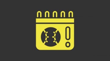 Yellow Calendar with baseball game icon isolated on grey background. Game day. 4K Video motion graphic animation