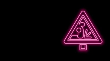 Glowing neon line Warning road sign throwing stone materials icon isolated on black background. Traffic rules and safe driving. 4K Video motion graphic animation