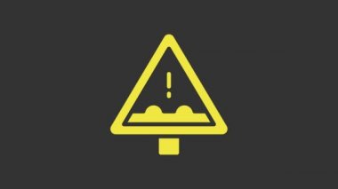 Yellow Uneven road ahead sign. Warning road icon isolated on grey background. Traffic rules and safe driving. 4K Video motion graphic animation
